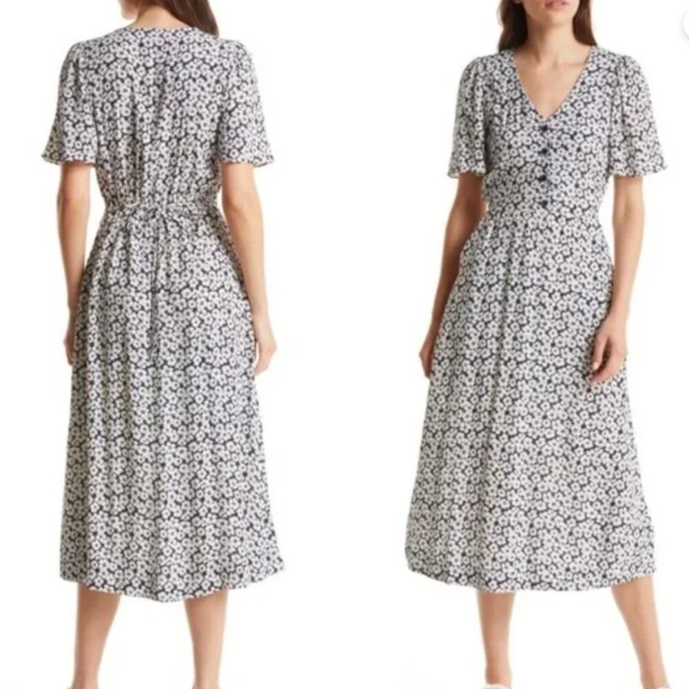 & Other Stories Floral Flutter Sleeve Midi Dress Blue and White US 10